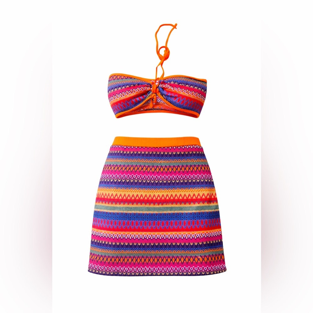 SHEIN Orange Multicolor Stripe Knit Bikini Top & Skirt Set